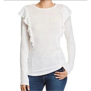 FRAME 100% Linen Ruffle-Accent Long Sleeve Top Color Blanc Size Small